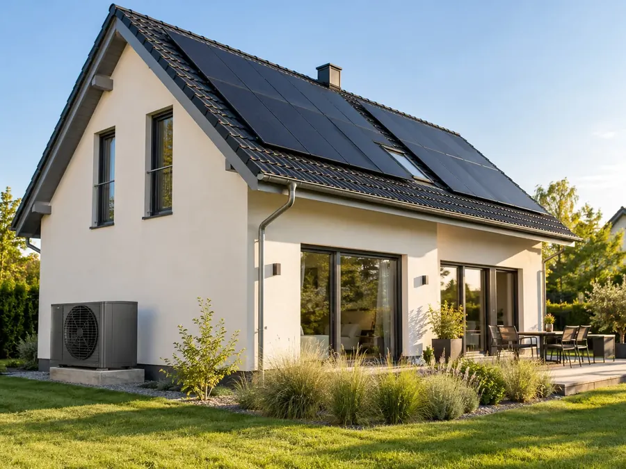 Haus mit Photovoltaikanlage und Wärmepumpe